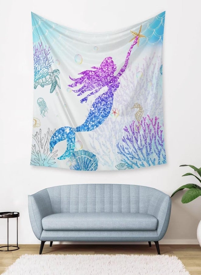 AAVEUP Mermaid Tapestry Blue Watercolor Simple Underwater Glitter Coral Starfish Seahorse Sea Turtle Mermaid Princess Tapestries for Nursery Boys Girls Bedroom Dorm Living Room Decor 30x40in - Image 4